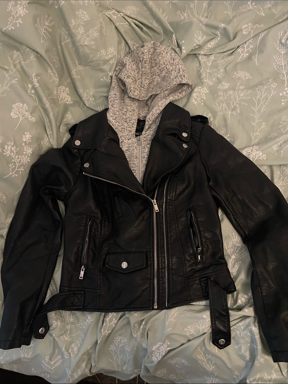 Black Faux Leather Moto Jacket with Gray Hooded Knit Insert